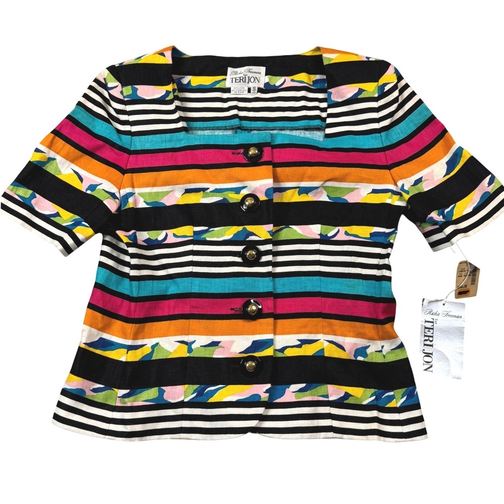 Vintage Rickie Freeman for Teri Jon‎ Linen Stripe Jacket Multi Color Size 10 NWT